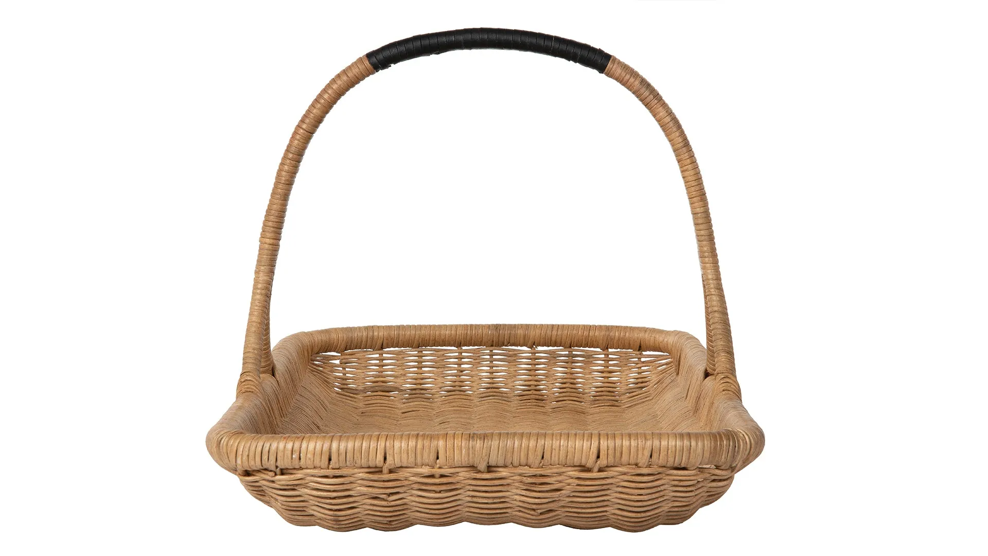 Vegetable and Flower Wicker Basket with Leather Wrapped Arch Handle, Natural Color