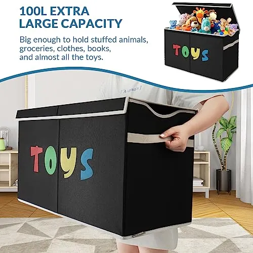 VICTORICH Toy Box Chest for Boys Girls, Collapsible Kids Toy Organizers Storage Bins Extra Large Toy Baskets with Lid & Handles for Clothes, Blanket, Nursery, Playroom, Bedroom, Stuffed Animals, Black