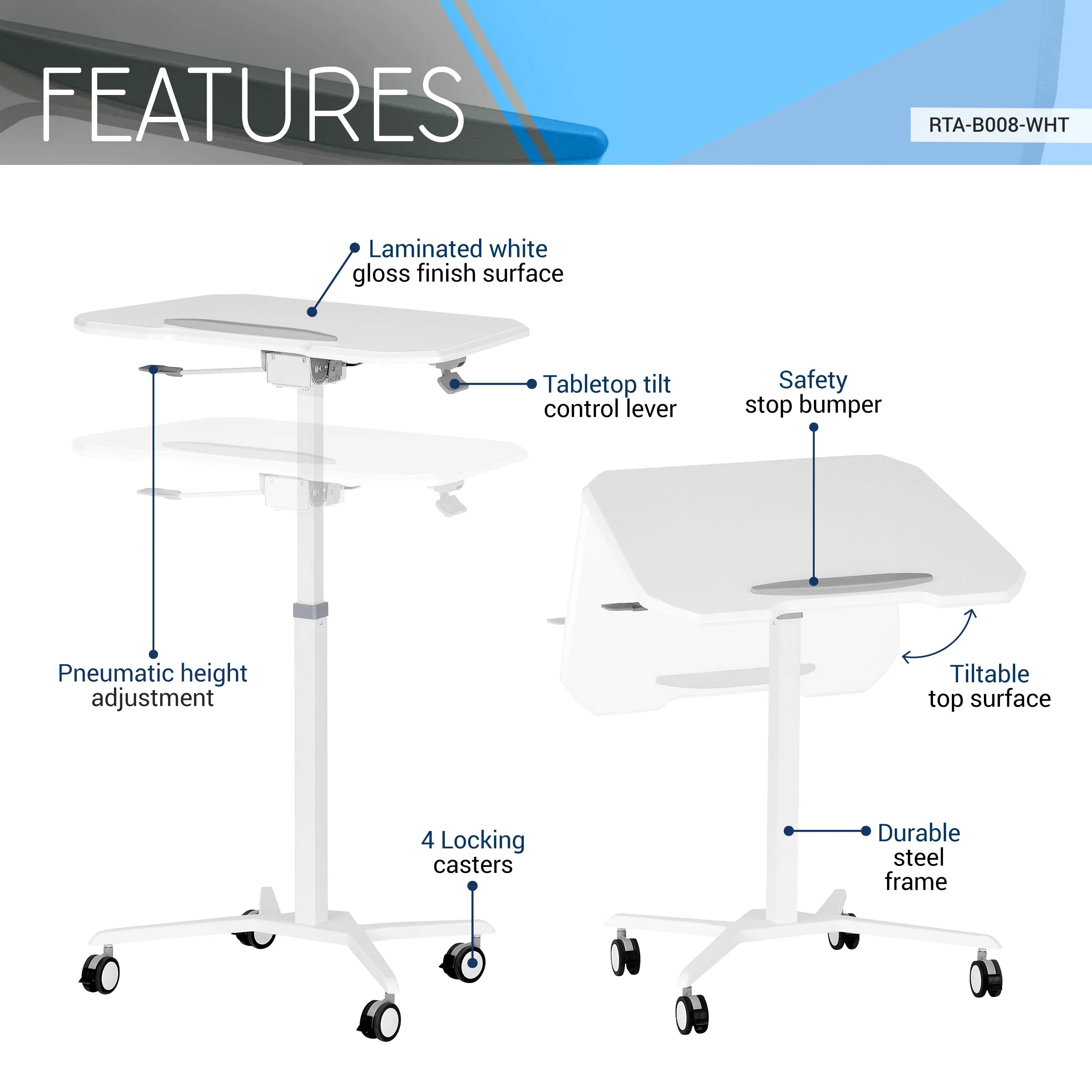 White Sit to Stand Mobile Laptop Computer Stand with Height Adjustable and Tiltable Tabletop