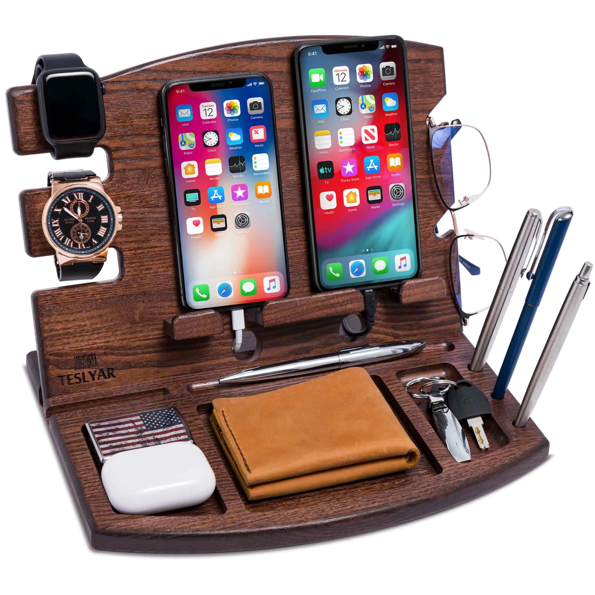 Wood Charging Station for Multiple Devices and Organizer