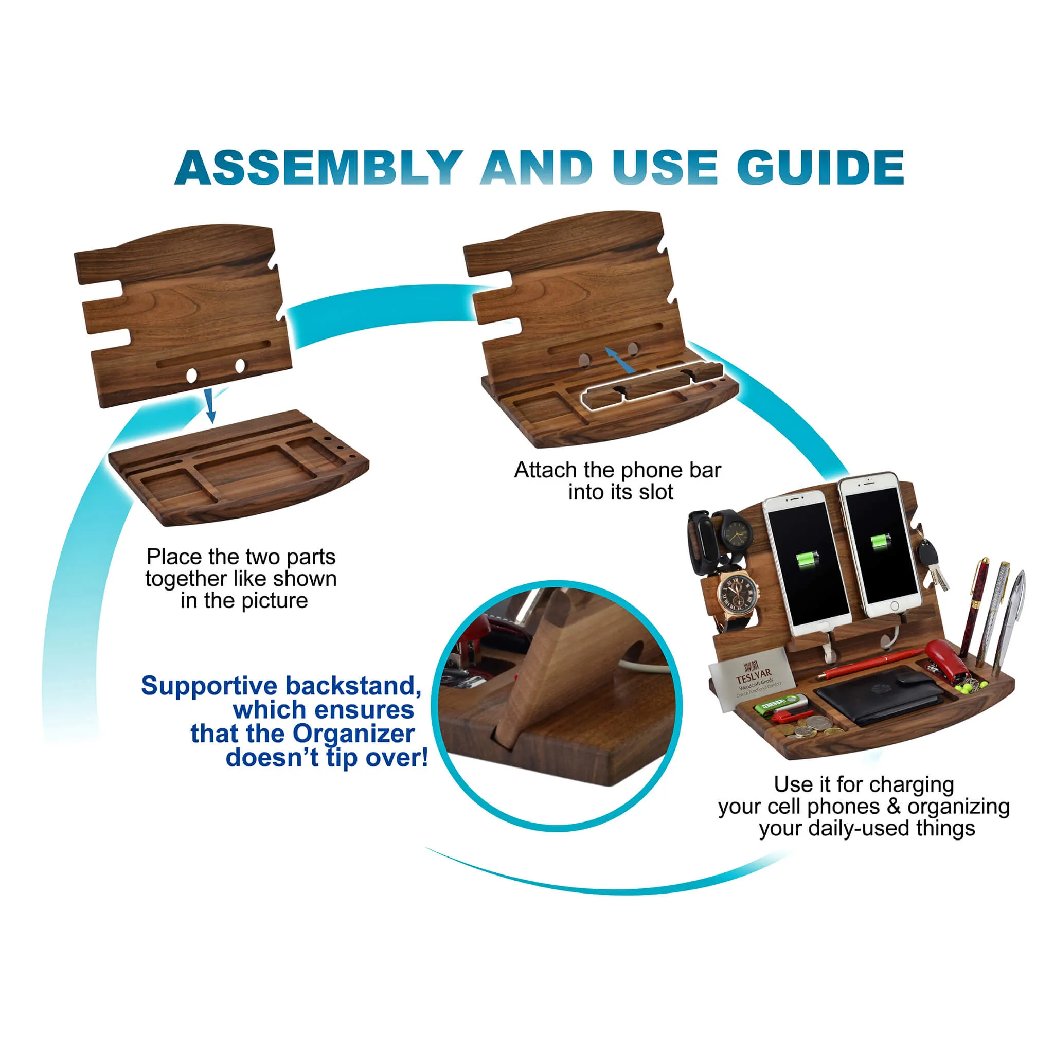 Wood Charging Station for Multiple Devices and Organizer