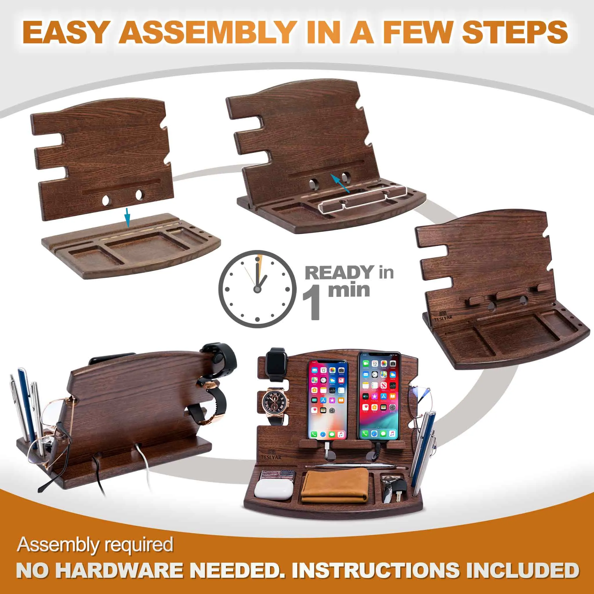 Wood Charging Station for Multiple Devices and Organizer